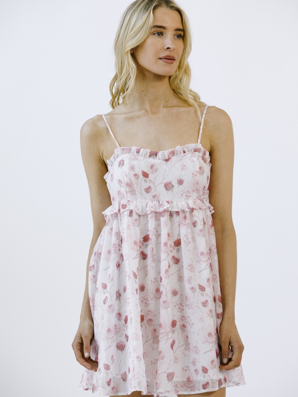 Storia Romantic Pink Floral Babydoll Mini Dress Ruffle Chiffon Camisole Medium